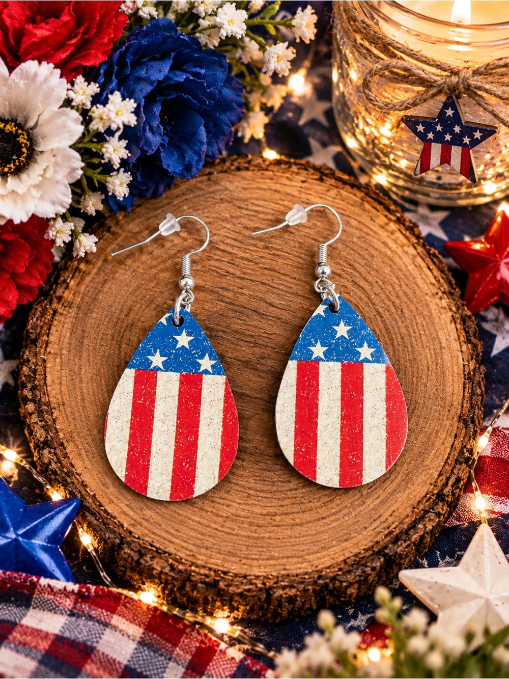 Patriotic Teardrop American Flag Dangle Earrings - Red, White & Blue